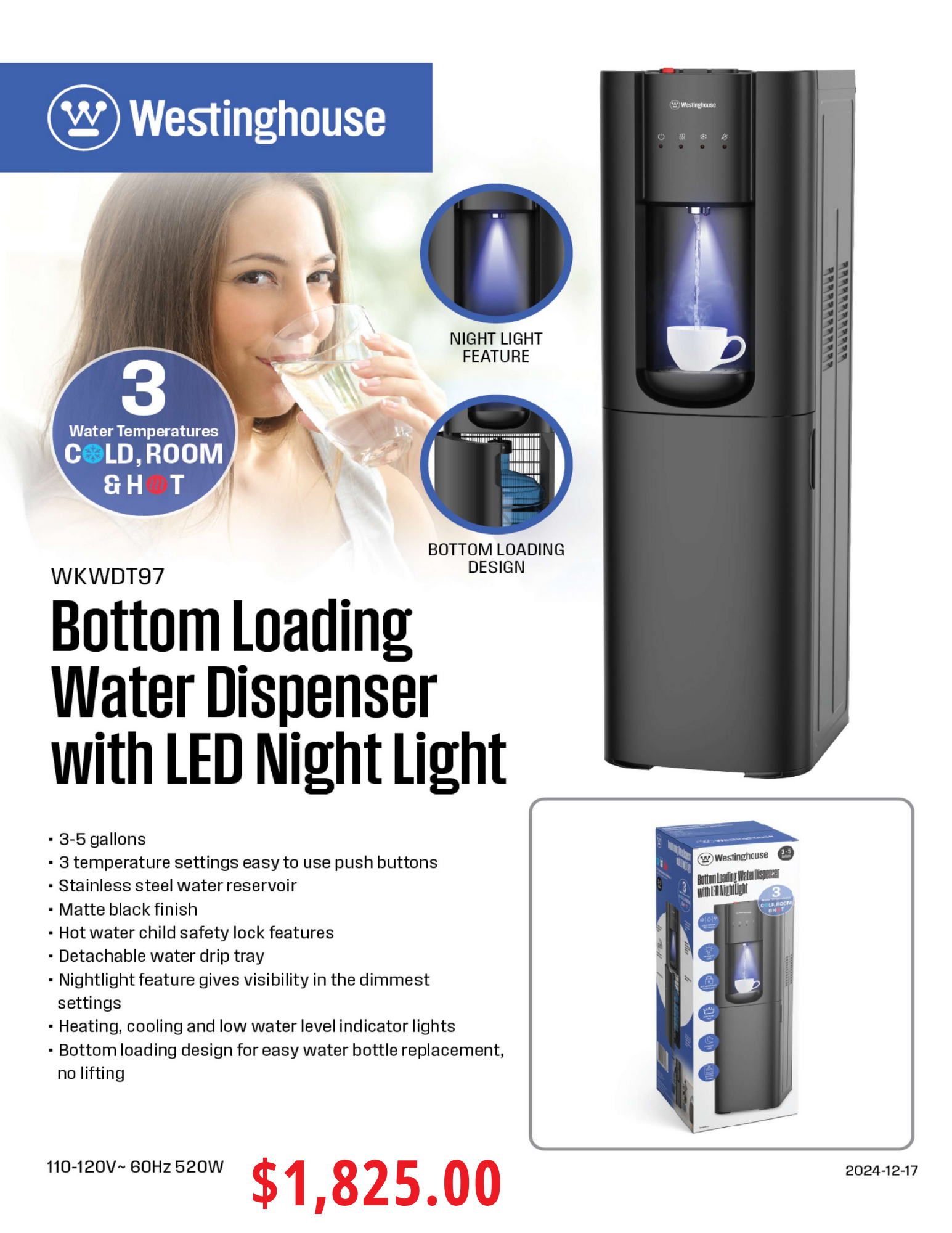 Westinghouse Bottom Loading Dispenser with LED Night Light WKWDT97 Westinghouse Bottom Loading Dispenser with LED Night Light WKWDT97
